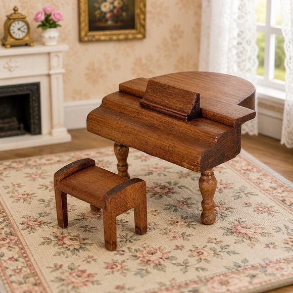 Strombecker Other - Vintage Wooden Dollhouse Baby Grand Piano‎ & Bench Miniature Furniture Set